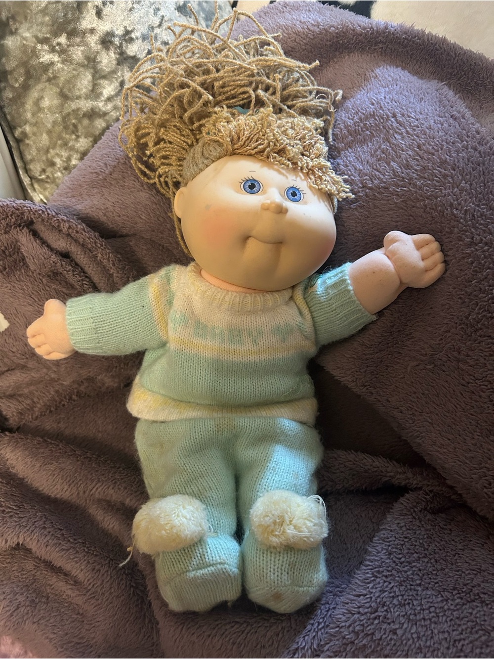 1980’s Plush Children's Doll in Light Blue Knit Outfit Crimp & Curl